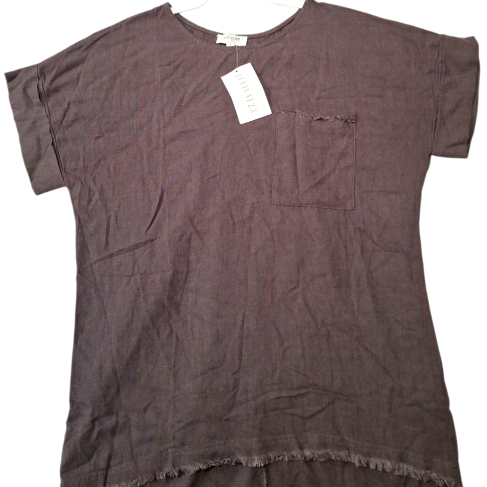 Umgee Brown Linen Blend Womens Cuffed Short Sleeve Top Sz Sm Raw Hem Pocket NEW - Picture 1 of 9